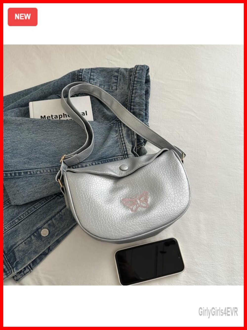 Butterfly Embroidery Saddle Crossbody Bag Adjustable Strap PU Leather Flap Purse